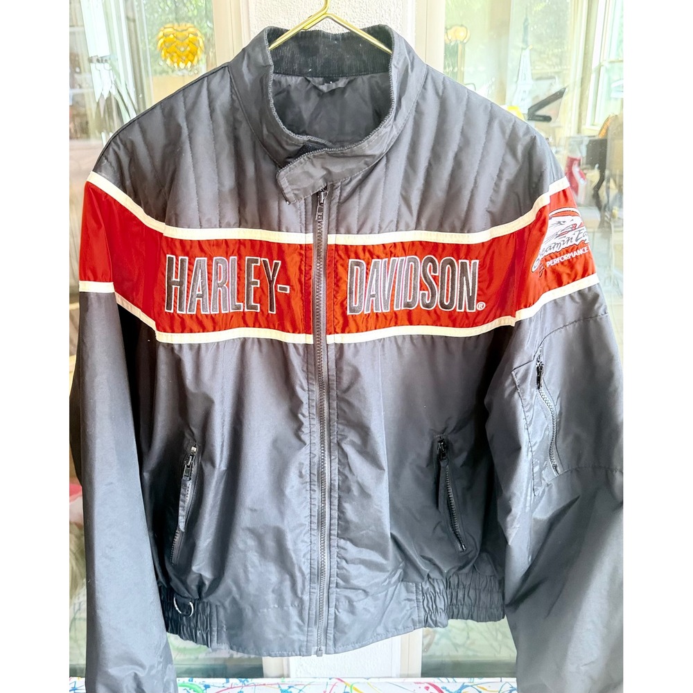 Harley Davidson Team Racing Jacket Mens L Black Red Nylon Made in USA 2006